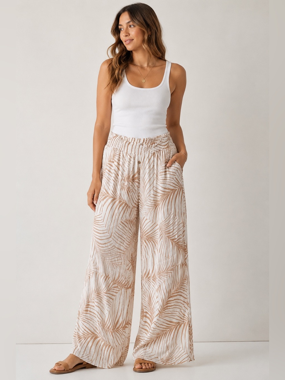 Roxy Women's White and Beige Wide Leg Palm Print Pants